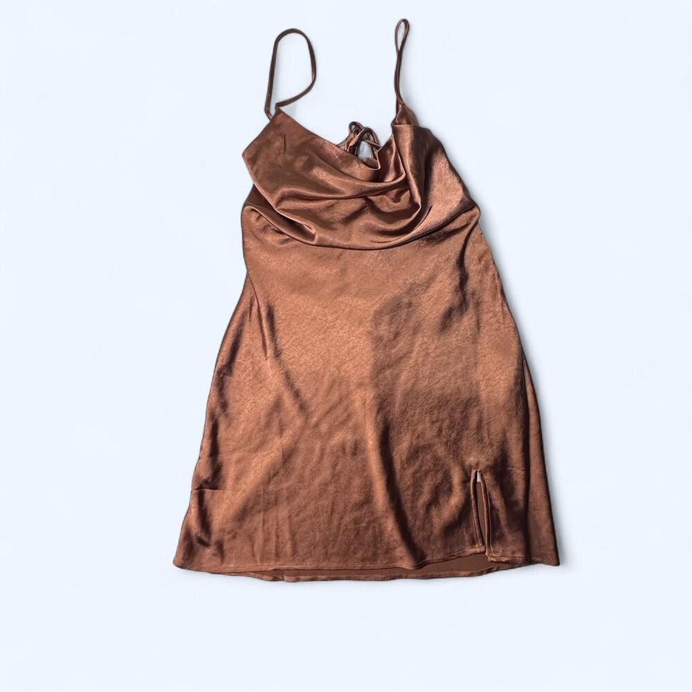 🤎 Princess Polly Alfie Satin Cowl Neck Side Slit Mini Dress Prom Size 6